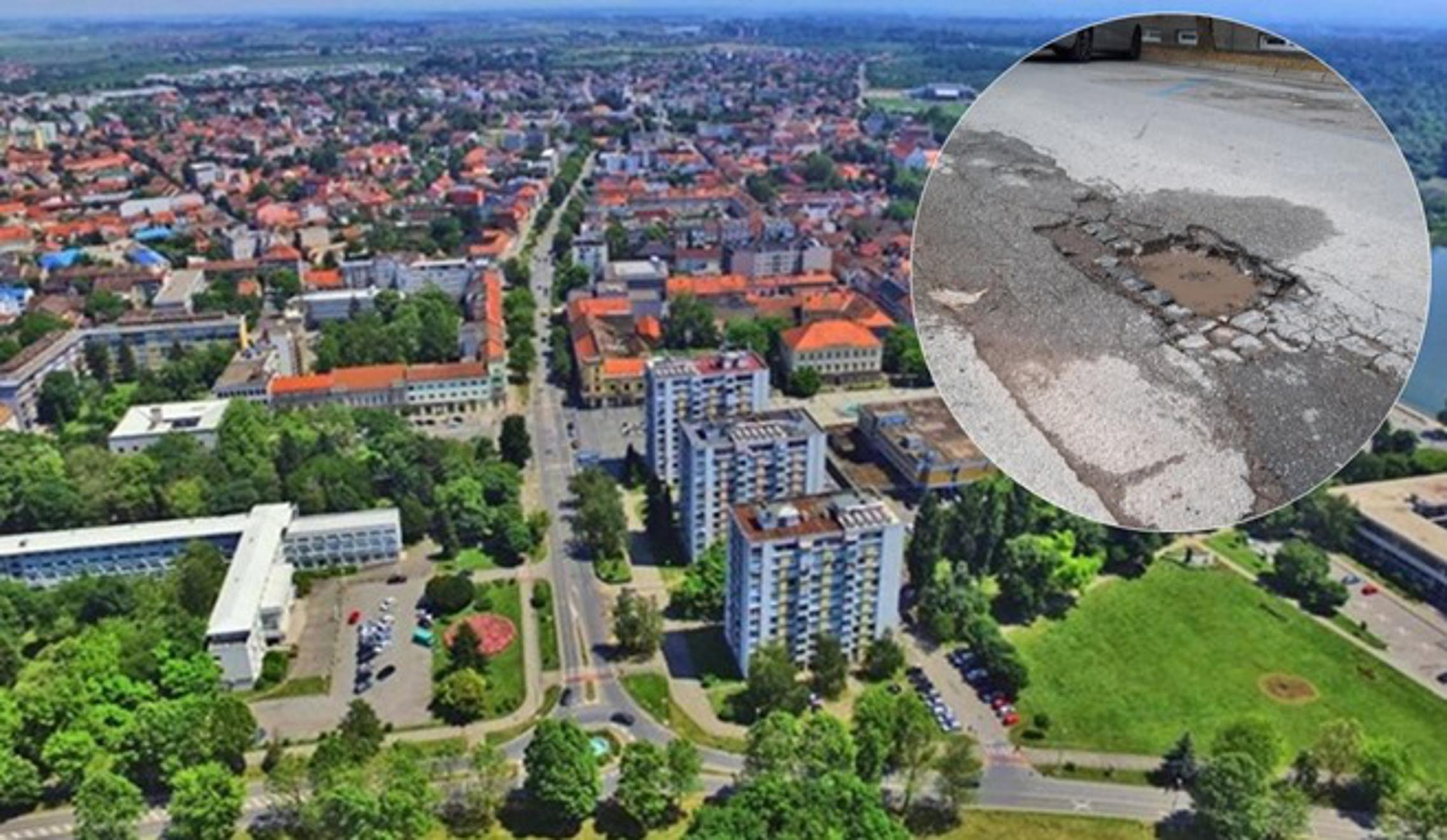 Grad Slavonski Brod; u krugu je udarna rupa, prije sanacije, na jednoj od gradskh cesta