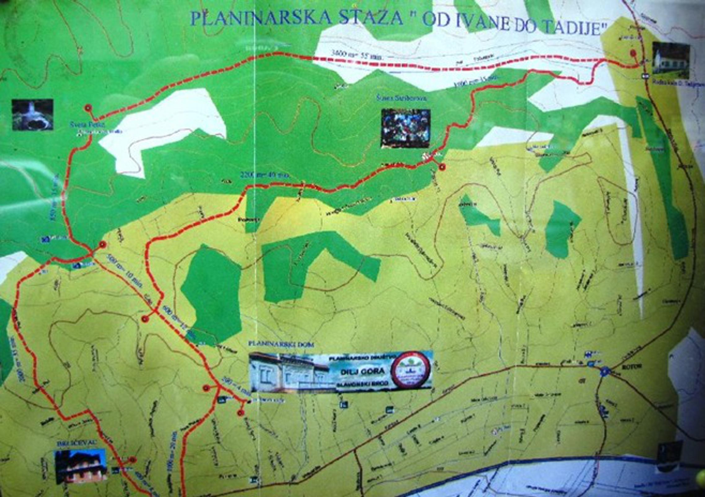 Crvenim isprekidanim crticama označena je staza Od Ivane do Tadije